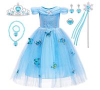 JAMATA Robe de Princesse Elsa pour Filles,Complet avec Couronne,Baguette de Fée,Collier,Bague,Bracelet,Paire de Clips D'oreille,Idéal pour Cosplay,Anniversaires et Carnaval,Taille 120 pour 4-5 Ans