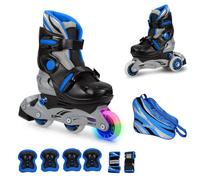 JAMBACH Set de rollers pour enfants avec protections réglables pour patins à roulettes avec LED (bleu, M (34-37))