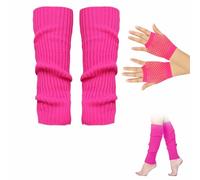 Jambière,Chaussettes Chauffe-Jambes,Set de Jambière Néon Gants en Résille,Jambières à Tricoter D'hiver,Années 80 Jambières Côtelées Gants Courts en Résille,Rose Rouge