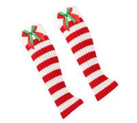 Jambières tricotées côtelées pour bottes de Noël rayées pour femme avec nœud mignon et bordure en peluche pour temps froid en acrylique, Bandes rouges et blanches, taille unique