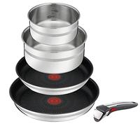 Jamie Oliver by Tefal L9769632 Ingenio Set de 5 pièces en acier inoxydable avec 1 poignée amovible, 2 poêles et 2 casseroles à induction Passe au four Gain de place
