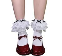 JAMNGHB Chaussettes en coton pour femme avec bordure en dentelle superposée et nœud orné de bords à volants élégants en dentelle tube intermédiaire, blanc, taille unique