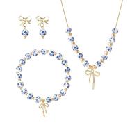 JAMNGHB Parure de bijoux élégante en porcelaine bleue et blanche avec nœud en perles et collier bleu et blanc résistant à la décoloration, One Size, Comme décrit, Comme décrit.