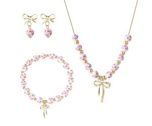 JAMNGHB Parure de bijoux élégante en porcelaine bleue et blanche avec nœud en perles et collier bleu et blanc résistant à la décoloration, One Size, Comme décrit, Comme décrit.