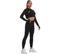 Jamron Femme 3 Pièces Ensemble de Survêtement de Yoga Extensible - Soutien-Gorge Camisole Sexy Croisé + Haut Court à Capuche + Leggings - Vêtements de Sport Gym Fitness Entraînement Noir XL