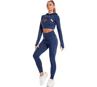 Jamron Femme 3 Pièces Ensemble de Survêtement de Yoga Extensible - Soutien-Gorge Camisole Sexy Croisé + Haut Court à Capuche + Leggings - Vêtements de Sport Gym Fitness Entraînement Bleu XL