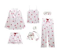 Jamron Femme 7PCS Satin Ensemble Pyjama Top & Pantalon Shorts Vêtements de Nuit Loungewear SN07655 Blanc Fraise L