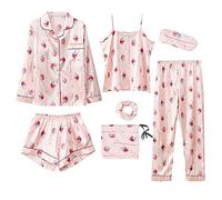 Jamron Femme 7PCS Satin Ensemble Pyjama Top & Pantalon Shorts Vêtements de Nuit Loungewear SN07655 Fraise M