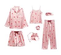 Jamron Femme 7PCS Satin Ensemble Pyjama Top & Pantalon Shorts Vêtements de Nuit Loungewear SN07655 Rose Fraise L