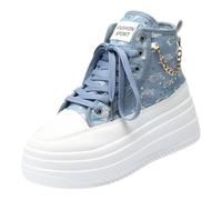 Jamron Femme Basket Plateforme Déchiré Baskets en Toile | Mi-Haute, Sneakers à Lacets et Paillettes, Décoré d'une Chaîne Métallique