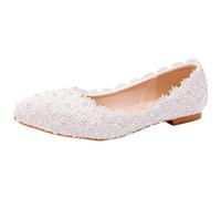 Jamron Femme Élégant Bout Pointu Fleur Dentelle Perles Chaussures de Mariée Escarpins Semelle Souple Ballerines Blanc SN070435 EU38.5