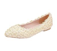 Jamron Femme Élégant Bout Pointu Fleur Dentelle Perles Chaussures de Mariée Escarpins Semelle Souple Ballerines Beige SN070435 EU40