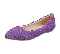 Jamron Femme Élégant Bout Pointu Fleur Dentelle Perles Chaussures de Mariée Escarpins Semelle Souple Ballerines Violet SN070435 EU35