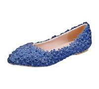 Jamron Femme Élégant Bout Pointu Fleur Dentelle Perles Chaussures de Mariée Escarpins Semelle Souple Ballerines Bleu SN070435 EU39.5