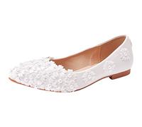 Jamron Femme Élégant Bout Pointu Fleur Perles Chaussures de Mariée Escarpins Semelle Souple Ballerines Blanc SN070435 EU38.5