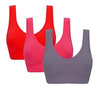 Jamron Femme Lot de 3 Soutiens-Gorge Confortables sans Couture sans Armature Brassière avec Coussinets Amovibles pour Sports Yoga Rouge + Fuchsia + Gris XXL
