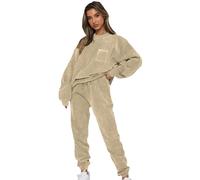 Jamron Femme Velours Côtelé 2 Pièces Survêtement Automne Hiver Duveteux Décontracté Vêtements de Sport SN070299 Beige M