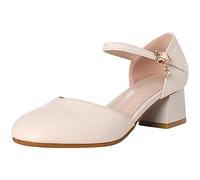 Jamron Femmes Cuir Souple Milieu Bloc Talon Sangle de Cheville Escarpin Élégant Chaussure de Ville Beige SN02552 EU38