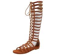 Jamron Femmes Genou Haut Gladiateur Bottes Sandales Plat Lacer Fermeture Éclair Romain Lanière Spartiate Sandale Marron SN02610 EU38