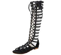 Jamron Femmes Genou Haut Gladiateur Bottes Sandales Plat Lacer Fermeture Éclair Romain Lanière Spartiate Sandale Noir SN02610 EU38