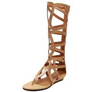 Jamron Femmes Genou Haut Gladiateur Sandales Romaines Rivets Cloutés Fermeture Éclair Tongs Sandales à Lanières Or SN602C027 EU40
