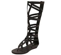 Jamron Femmes Genou Haut Gladiateur Sandales Romaines Rivets Cloutés Fermeture Éclair Tongs Sandales à Lanières Noir SN602C027 EU38.5