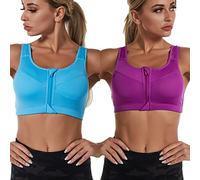 Jamron Femmes Grande Taille Lot de 2 Soutien-Gorge de Sport Yoga Maintien Extreme Avant Zipper Bralette sans Armatures avec Coussinets Amovibles Bleu + Violet 3XL