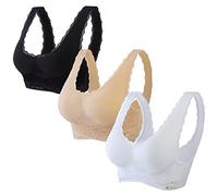 Jamron Femmes Lot de 3 Devant Croisé Push Up Brassière en Dentelle sans Armature Soutien-Gorge de Sport Yoga avec Coussin Amovible Noir + Beige + Blanc M