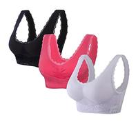 Jamron Femmes Lot de 3 Devant Croisé Push Up Brassière en Dentelle sans Armature Soutien-Gorge de Sport Yoga avec Coussin Amovible Noir + Fuchsia + Violet Clair XXL