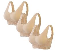 Jamron Femmes Lot de 3 Devant Croisé Push Up Brassière en Dentelle sans Armature Soutien-Gorge de Sport Yoga avec Coussin Amovible Beige + Beige + Beige XL