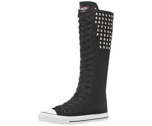 Jamron Femmes Mode Toile Bottes de Danse Genou Haut Bottes de Vélo Filles Fantaisie Chaussures D'école Noir Rivets SN914AB EU41