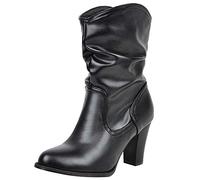 Jamron Femmes Stylées Talon Bloc Slip on Botte de Cowboy Duveteux Bottes Slouch Noir SN02816 EU45.5