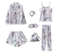 Jamron Filles 7PCS Satin Ensemble Pyjama Top & Pantalon Shorts Vêtements de Nuit Grue Gris SN07655-2 160CM