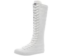 Jamron Filles Femmes Mode Genou Haut Lacer Bottes de Toile Pur Blanc Fermeture Eclair Chaussures de Danse SN811 EU40