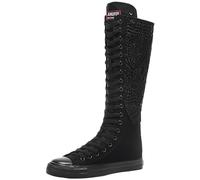 Jamron Filles Femmes Mode Genou Haut Lacer Bottes de Toile Pur Noir Fermeture Eclair Chaussures de Danse Dentelle SN815 EU37