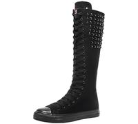 Jamron Filles Femmes Mode Genou Haut Lacer Bottes de Toile Pur Noir Fermeture Eclair Chaussures de Danse Rivet SN816 EU42