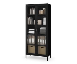 Jan Nowak Angelo Armoire vitrine à 2 portes - 80 x 185 x 45 cm - 4 étagères réglables - Verre trempé - Montage mural - Vitrine en verre debout - Vitrine en verre - Armoire de salon scintillante - Noir