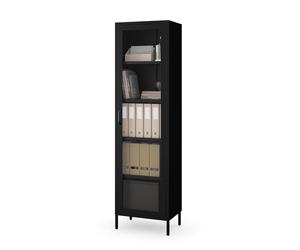 Jan Nowak Luigi Armoire vitrine à 1 Porte - 50 x 180 x 35 cm - 4 étagères réglables - Verre trempé - Montage Mural - Vitrine en Verre Debout - Armoire de Salon Scintillante - Noir