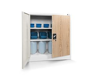 Jan Nowak Petit Armoire de Bureau Metallique revêtement en Poudre Portes battantes verrouillable 92,5 cm x 90 cm x 40 cm (Blanc/Imitation Bois)