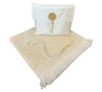 Janamaz - Tapis de prière musulman et perles avec sac en tissu flammé élégant | Janamaz | Sajadah | Tapis de prière islamique doux | Cadeaux islamiques et Mawlid | Tapis de prière en taffetas (blanc,