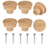 Janasiba Boutons de Commode en Rotin Boho Boutons de Tiroir en Bois Ronds en Osier Tissé à la Main et Vis pour Boutons de Meubles Boho 6 PièCes