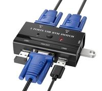 Jancane KVM Switch, Commutateur KVM USB VGA pour 2 ordinateurs Partager 1 moniteur Clavier Souris Imprimante, 2 câbles KVM inclus, Commutation des boutons