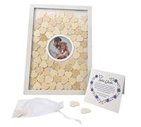 Jandiklee Livre d'or Cadre en Bois avec des Coeurs en Bois pour écrire et Cadre Photo intégré pour Mariage, baptême, Anniversaire, fêtes de bébé