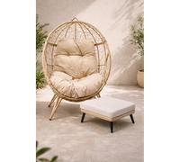 CONCEPT USINE Fauteuil Oeuf Suspendu avec Pied et Repose-Pieds Jane - Design Type Rotin & Structure Acier - Coussin Moelleux Déperlant Beige - Balancelle de Jardin, Terrasse & Intérieur