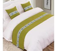 JANEMUA Bed Chemin de lit imprimé graphique et coussins assortis, serviette pour lit d'hôtel et pension, couvre-lit en coton doux Vert 4 260 x 50 cm pour lit de 2 m
