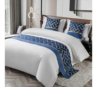 JANEMUA Chemin de lit et coussins assortis, serviette d'extrémité de lit pour hôtel et maison d'hôtes, motif carré doré, couvre-lit moderne simple, écharpe de lit douce, bleu, 260 x 50 cm pour lit de