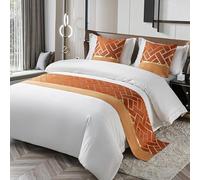 JANEMUA Chemin de lit et écharpes Chemin de lit et coussins assortis, Drap de lit d'hôtel et de maison d'hôtes, Motif carré doré, Couvre-lit simple moderne, Écharpe de lit douce Orange | 210 x 50 cm