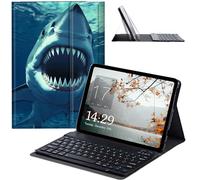 JANENFNA Coque avec clavier pour Galaxy Tab S7 FE/S7 Plus/S8 Plus avec clavier, étui fin amovible sans fil avec clavier Bluetooth pour Samsung Galaxy Tab S8+ 2022/S7 FE 2021/S7+ 2020 - Requin féroce