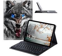 JANENFNA Coque avec clavier pour Galaxy Tab S7 FE/S7 Plus/S8 Plus - Étui fin amovible sans fil avec clavier Bluetooth - Pour Samsung Galaxy Tab S8+ 2022/S7 FE 2021/S7+ 2020 - Bleu féroce - Loup aux