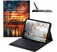 JANENFNA Coque pour Galaxy Tab S7 FE/S7 Plus/S8 Plus avec clavier, étui fin amovible sans fil avec clavier Bluetooth pour Samsung Galaxy Tab S8+ 2022/S7 FE 2021/S7+ 2020 - Feu d'artifice drapeau